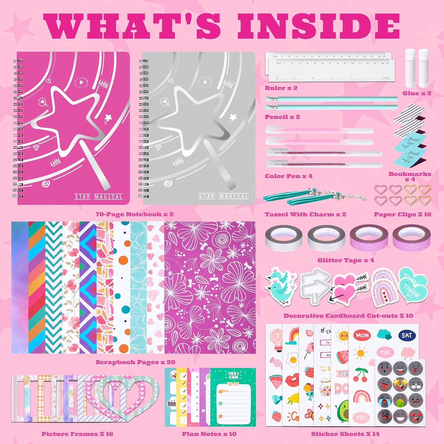 Kit for Girls gradual Ages 8-12, Gifts for Teen Girls - Share Scrapbook & Diary Supplies Set with Friends, Journaling Art and Crafts Kit (Pink Purple) VigorFun 2 Pack DIY Journal 