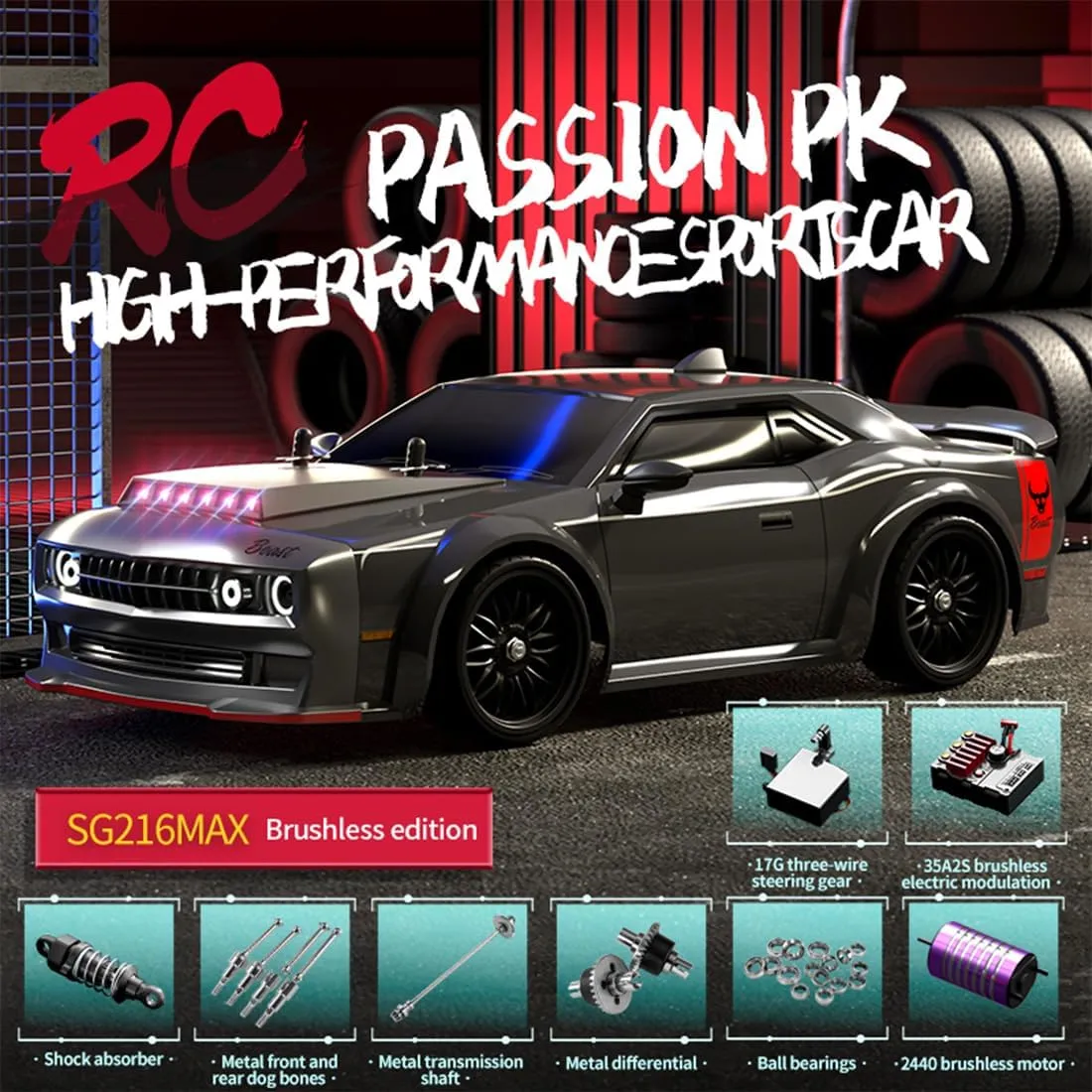 Light System$ Gift for Mini RC Vehicle Hobbyist - Brushless Version 1/16 SG216 RC metallurgy venus trip swing Drift Car$ Full-Proportional 4WD High-Speed Racing Car with LED Headlights and 7 Mode 