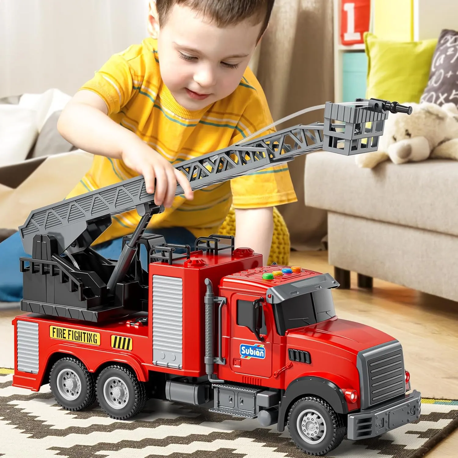 Lights and Sirens Sounds, Water Pump, lower Ladder, Gifts for 3 4 5 6 7 8 Years Old Boys Girls Kids Fire Truck Toy Friction Powered Fire Rescue Truck Vehicle Toy with 