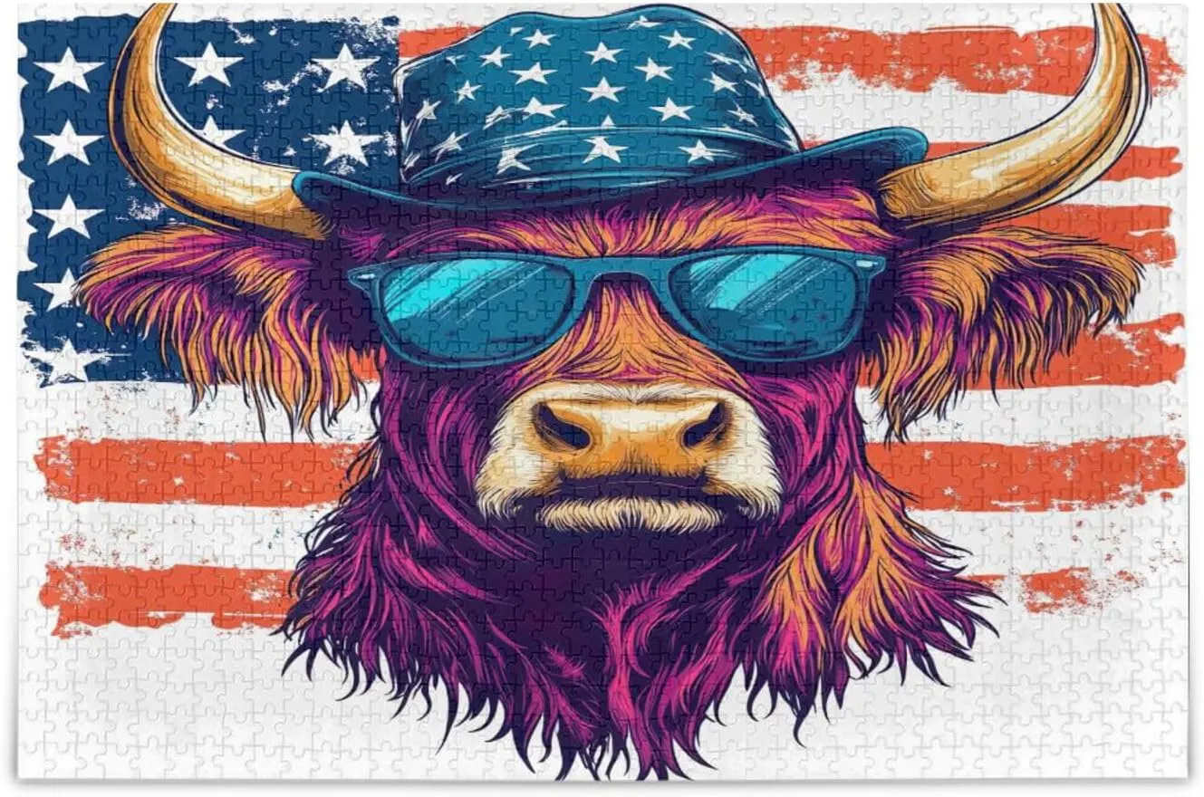 lonely Cow with Sunglasse Us Flag Adult Puzzles Wooden Jigsaw Puzzles for Adults 500 Pieces Puzzle for Family 20.5×14.9 in Highland 