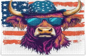 lonely Cow with Sunglasse Us Flag Adult Puzzles Wooden Jigsaw Puzzles for Adults 500 Pieces Puzzle for Family 20.5×14.9 in Highland 