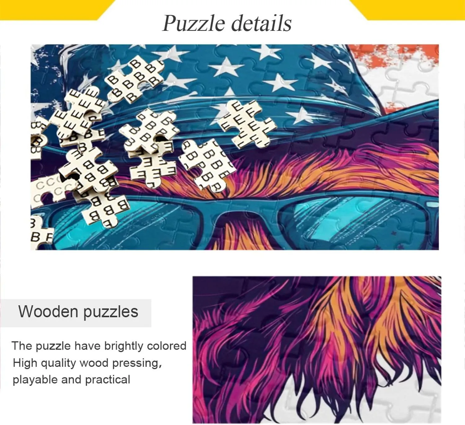 lonely Cow with Sunglasse Us Flag Adult Puzzles Wooden Jigsaw Puzzles for Adults 500 Pieces Puzzle for Family 20.5×14.9 in Highland 