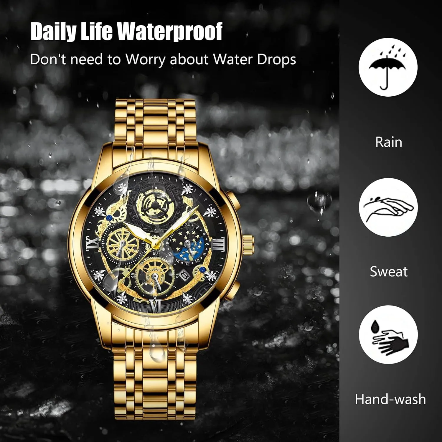 Luminous Date Calendar conventionally management slay Watches Decorative Subdial RORIOS Men's Analogue Quartz Watch Diamond Waterproof Wristwatch Business Stainless Steel 