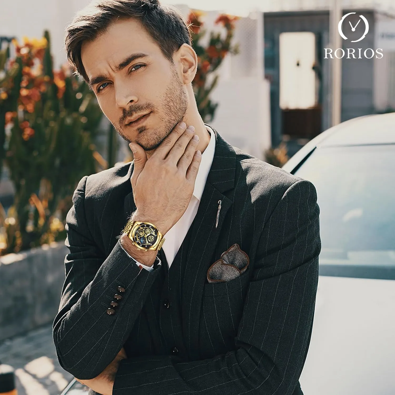 Luminous Date Calendar conventionally management slay Watches Decorative Subdial RORIOS Men's Analogue Quartz Watch Diamond Waterproof Wristwatch Business Stainless Steel 