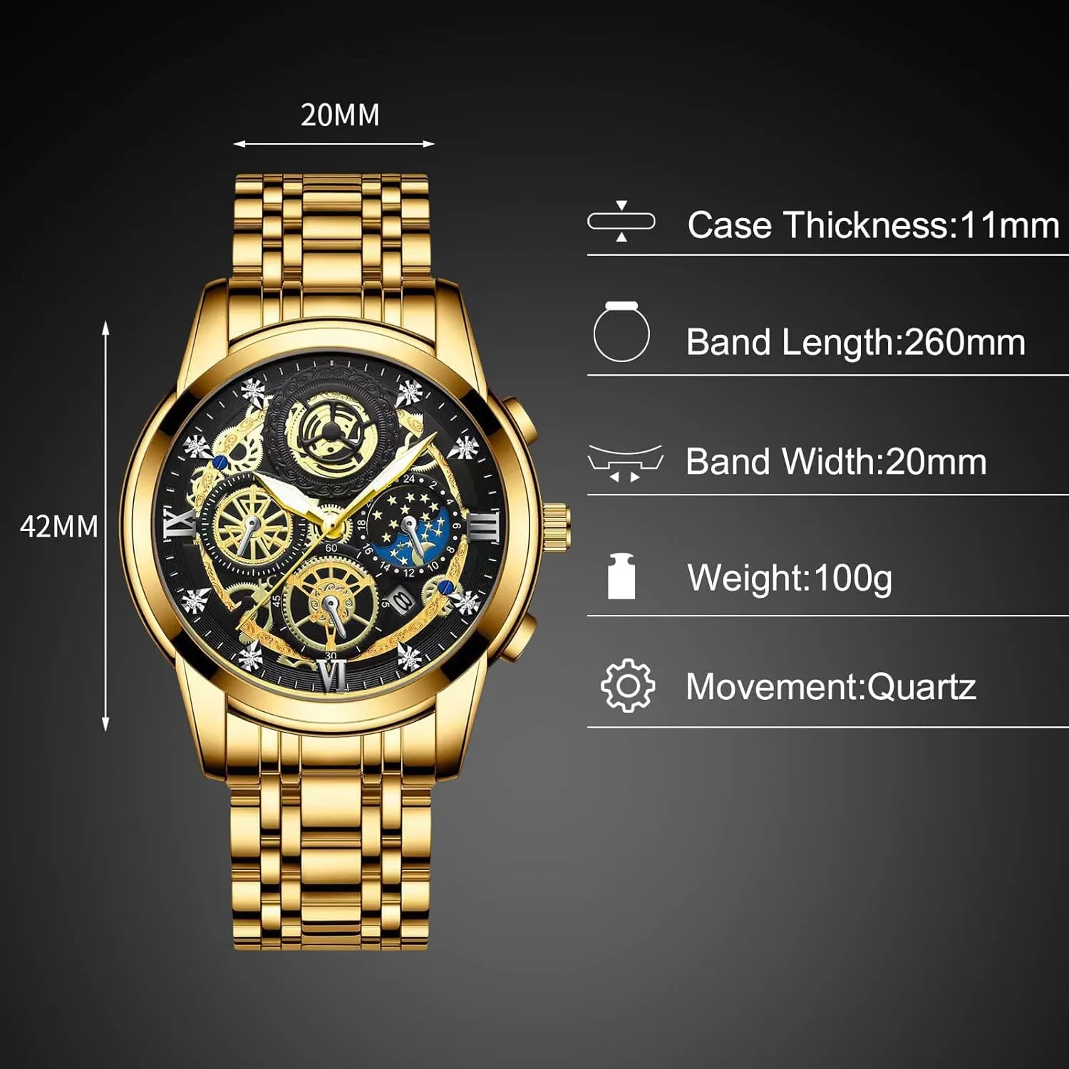 Luminous Date Calendar conventionally management slay Watches Decorative Subdial RORIOS Men's Analogue Quartz Watch Diamond Waterproof Wristwatch Business Stainless Steel 