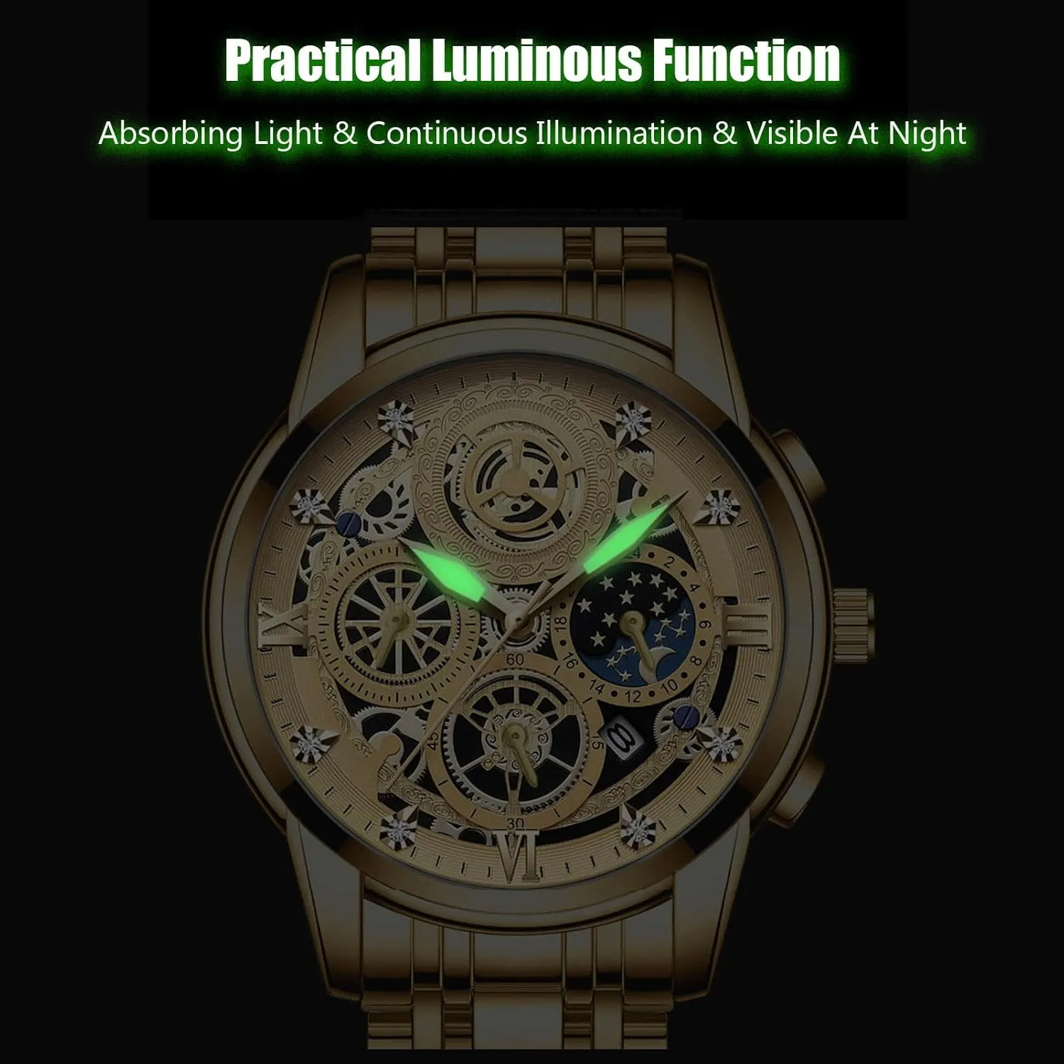 Luminous Date Calendar conventionally management slay Watches Decorative Subdial RORIOS Men's Analogue Quartz Watch Diamond Waterproof Wristwatch Business Stainless Steel 