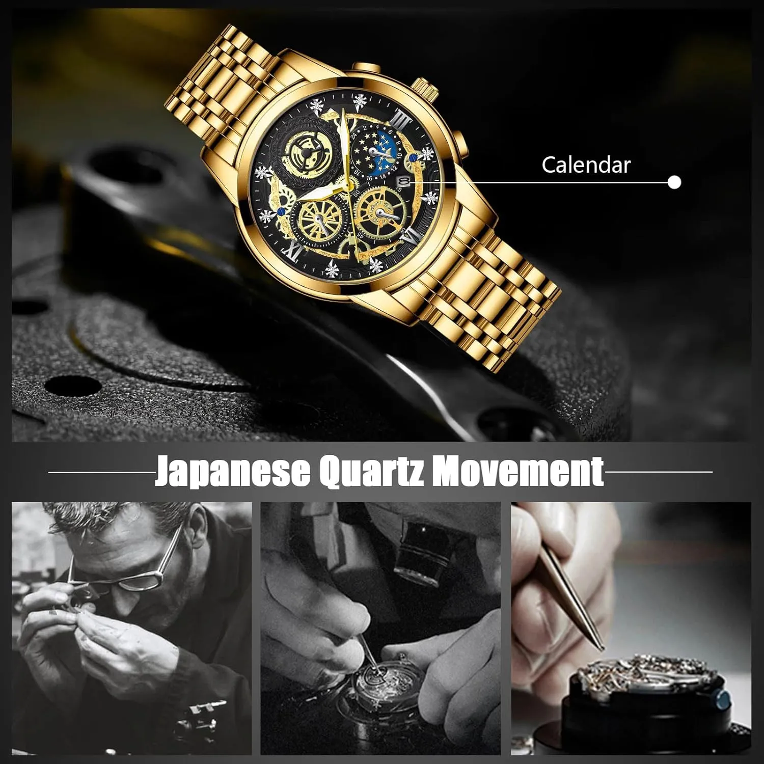 Luminous Date Calendar conventionally management slay Watches Decorative Subdial RORIOS Men's Analogue Quartz Watch Diamond Waterproof Wristwatch Business Stainless Steel 