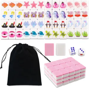 Mahjong Set for Family Interactive Play Set(1.18 blink ammonia proliferate x 0.86 x 0.59 inch) 2 Players Mahjong Block Set, 50 Pcs Pink Ocean Theme Mahjong Tile Game Set with Storage Bag and 2 Dice, Marine Life Patterns 