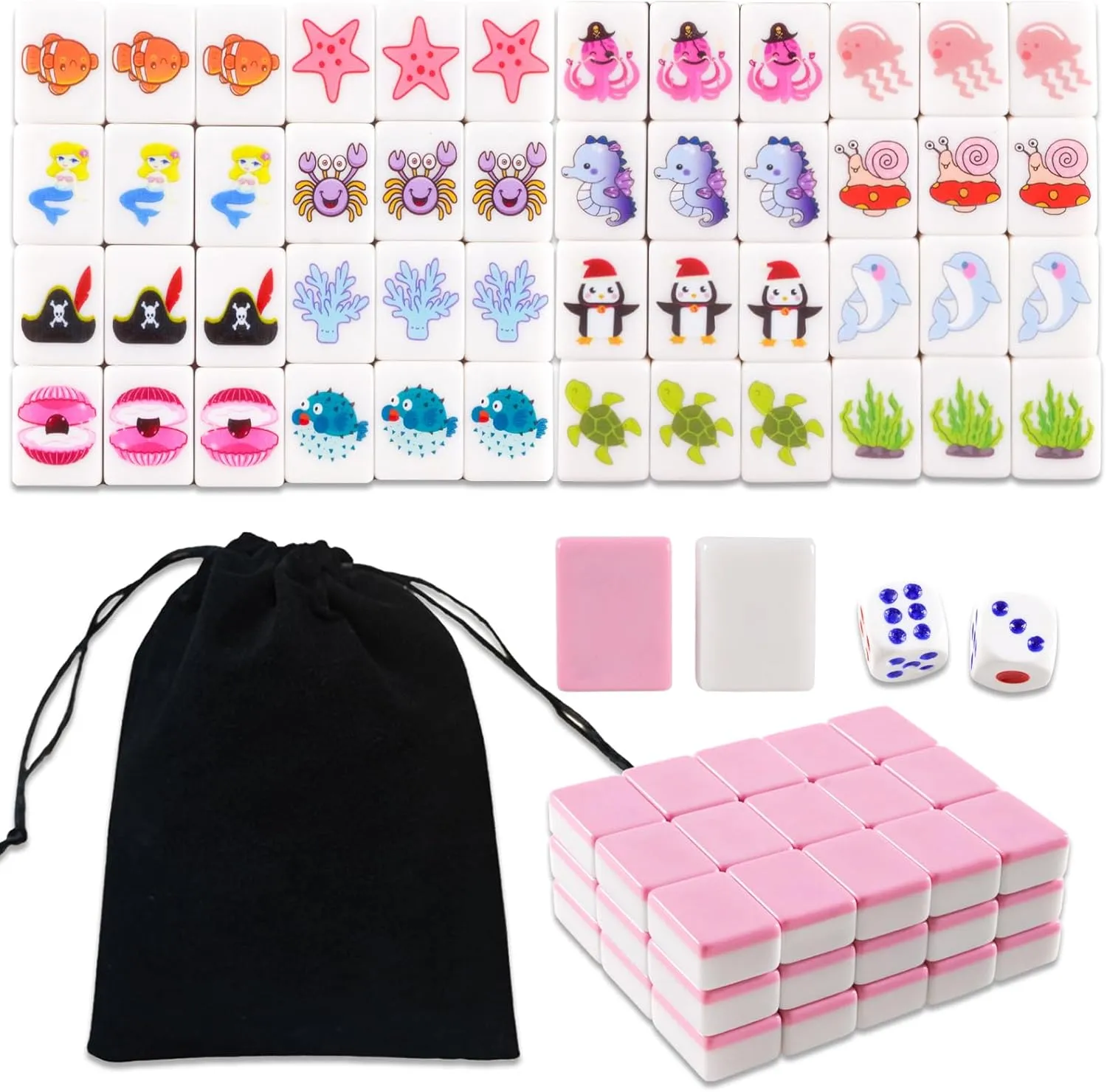 Mahjong Set for Family Interactive Play Set(1.18 blink ammonia proliferate x 0.86 x 0.59 inch) 2 Players Mahjong Block Set, 50 Pcs Pink Ocean Theme Mahjong Tile Game Set with Storage Bag and 2 Dice, Marine Life Patterns 