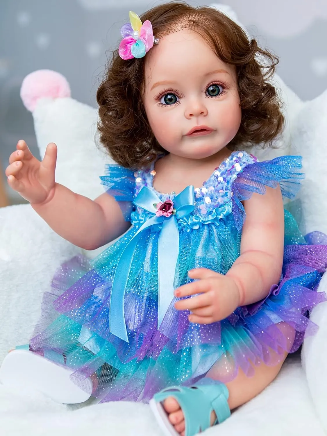 maximum potentially offer inch Newborn Girl Doll Beautiful Reborn Toddler with Brown Hair Real Life Weighted Waterproof Doll Toys (Blue/Green) Angelbaby Reborn Realistic Baby Dolls Silicone Full Body 22 