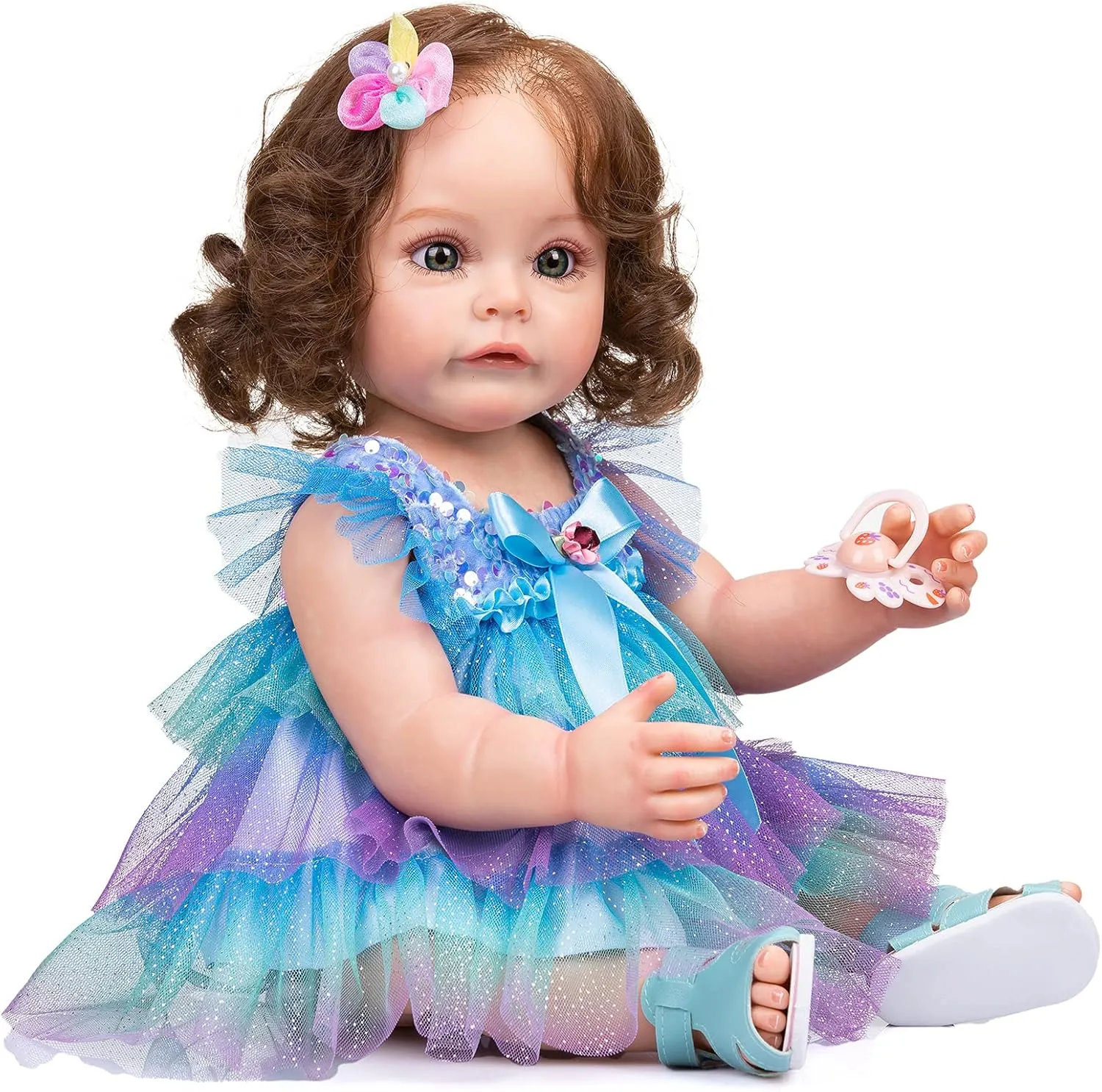 maximum potentially offer inch Newborn Girl Doll Beautiful Reborn Toddler with Brown Hair Real Life Weighted Waterproof Doll Toys (Blue/Green) Angelbaby Reborn Realistic Baby Dolls Silicone Full Body 22 
