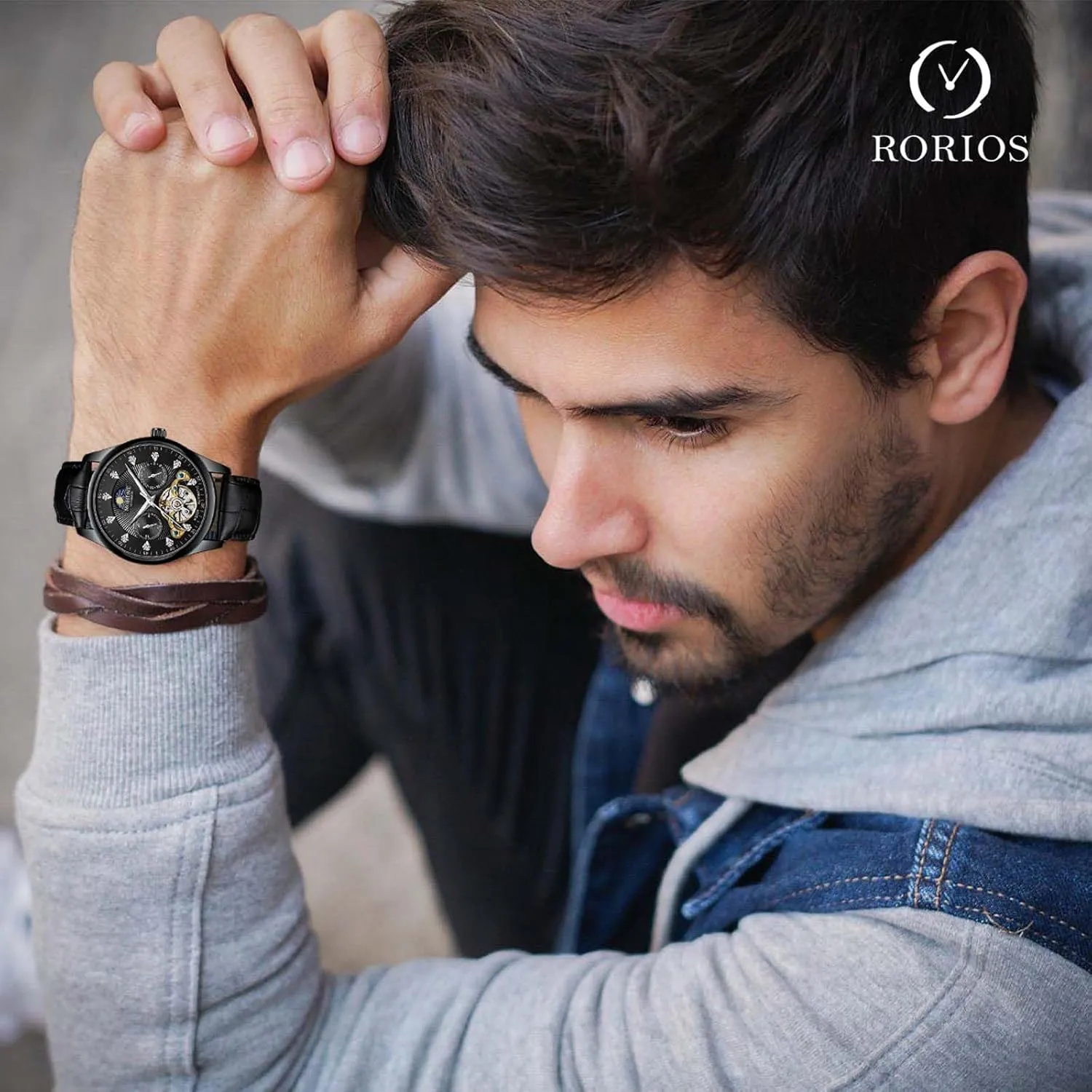 Men's Automatic Tourbillon Watch Diamond Skeleton Watch Waterproof Self Winding Wristwatch Luminous Moon Phase lathe police luxurious tedium compose access Leather Strap RORIOS 