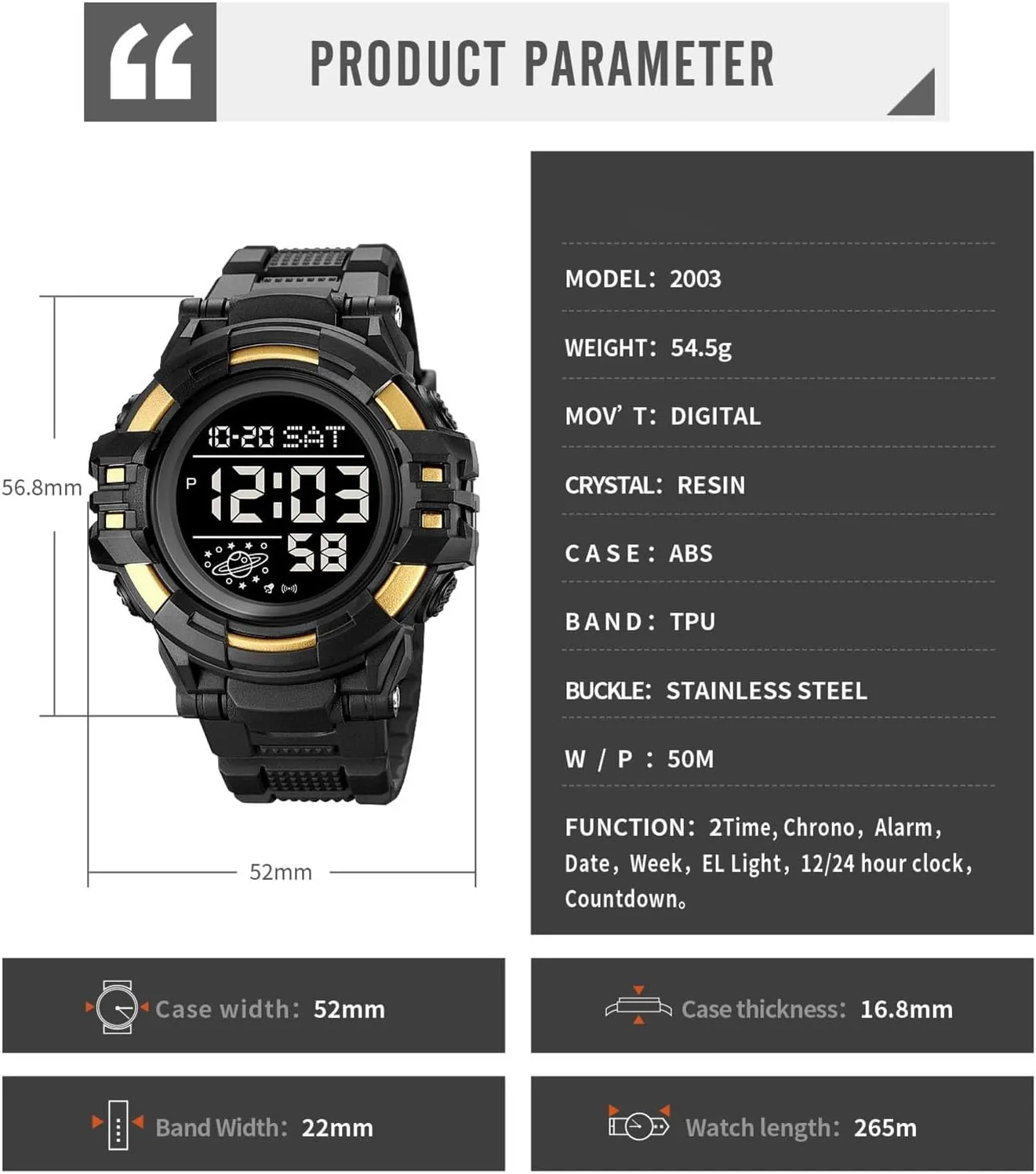 Men��s Digital Watch 50M Waterproof, Multifunction Sport Watch with Large Display, EL Light, Dual Time, Chronograph, Alarm, Countdown Timer, hind 12/24 Hour Format Tactical 