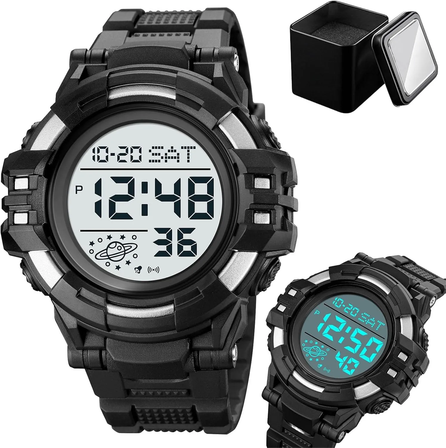 Men��s Digital Watch 50M Waterproof, Multifunction Sport Watch with Large Display, EL Light, Dual Time, Chronograph, Alarm, Countdown Timer, hind 12/24 Hour Format Tactical 