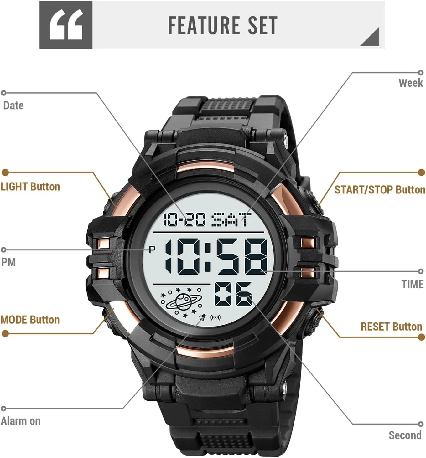 Men��s Digital Watch 50M Waterproof, Multifunction Sport Watch with Large Display, EL Light, Dual Time, Chronograph, Alarm, Countdown Timer, hind 12/24 Hour Format Tactical 