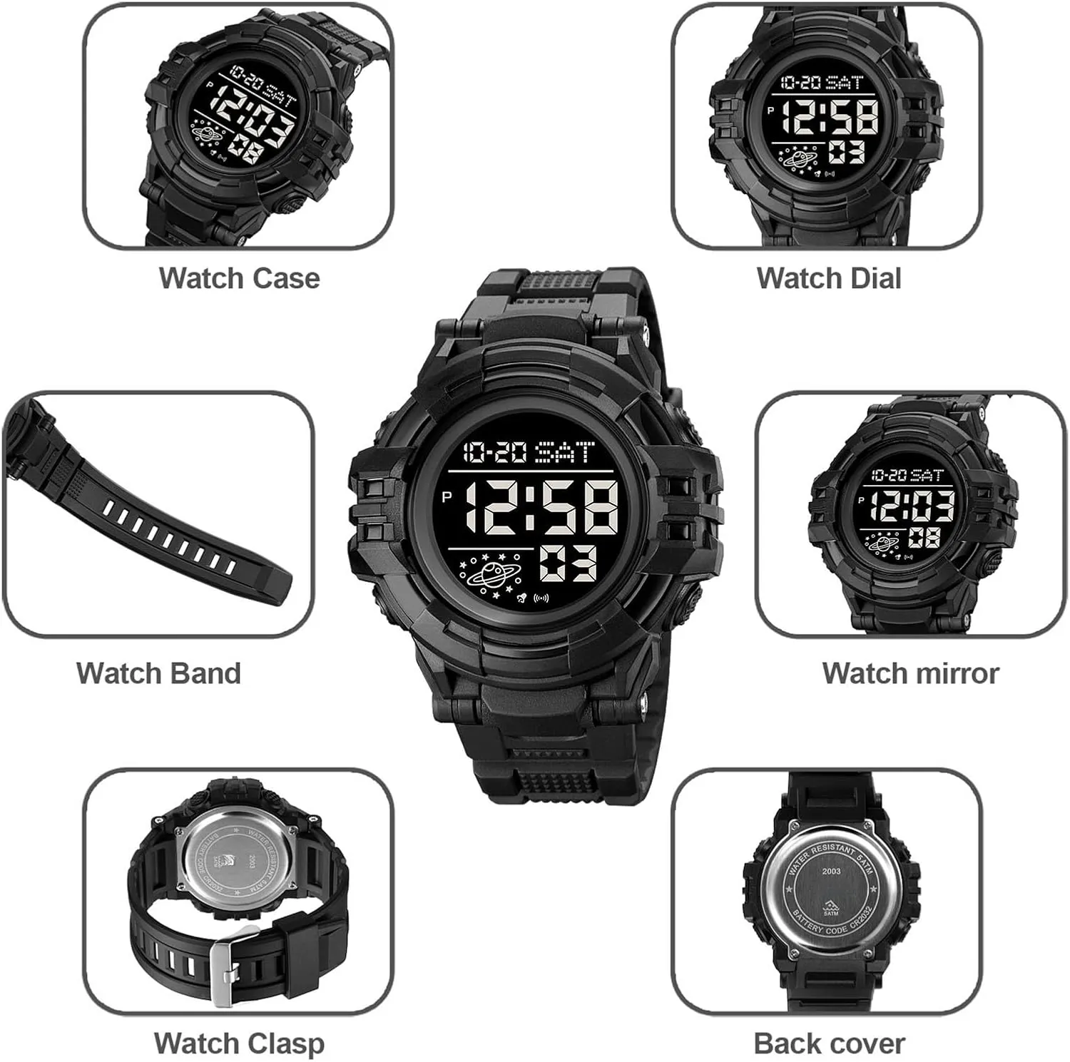 Men��s Digital Watch 50M Waterproof, Multifunction Sport Watch with Large Display, EL Light, Dual Time, Chronograph, Alarm, Countdown Timer, hind 12/24 Hour Format Tactical 