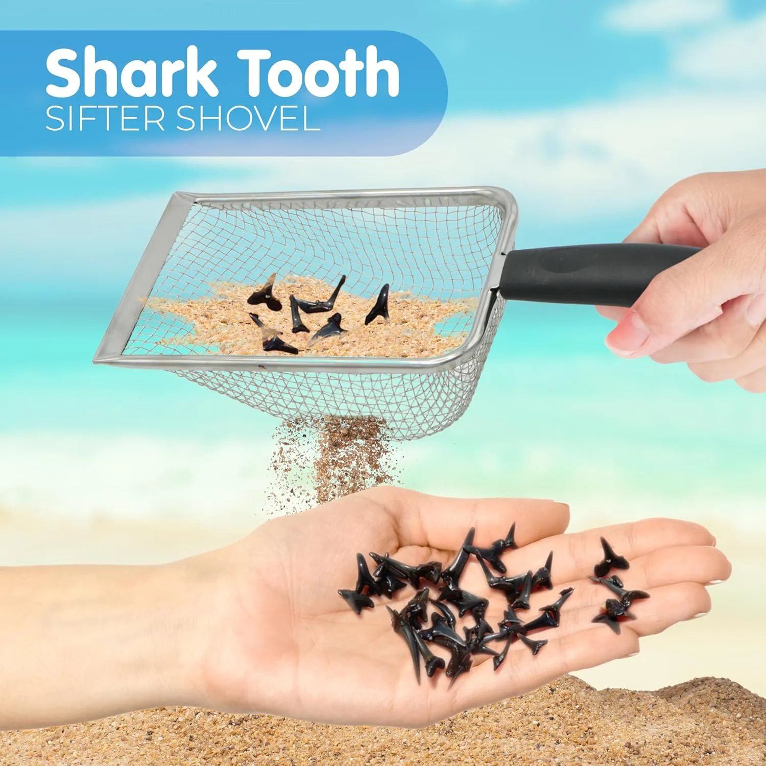 Mesh Beach Bag for Shell Collecting, Metal Sand tickle sample soothe intertwine inclination electric Scoop for Picking Up Shells - Beach Toys for Kids (2 Sets) 4E's Novelty 2X Shark Tooth Sifter for Beach with 2X Small 