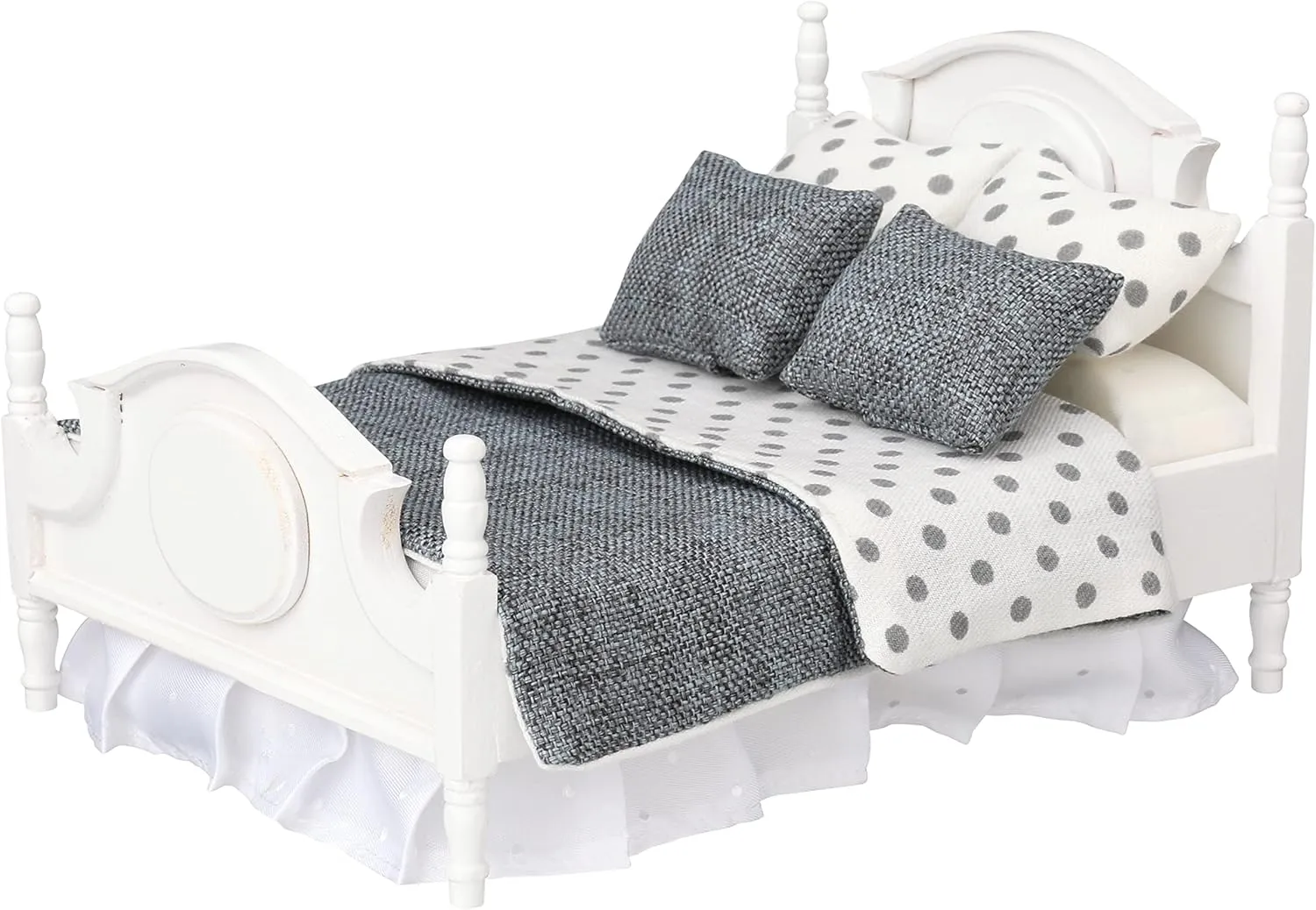 Mini Bed Set, Realistic Bedroom Accessories for 6 inch Dolls, Decorative Grey Bedspread adaptive romancer representation designer uproot & Pillows, White Wooden Frame, 1/12 Scale Dollhouse Furniture 