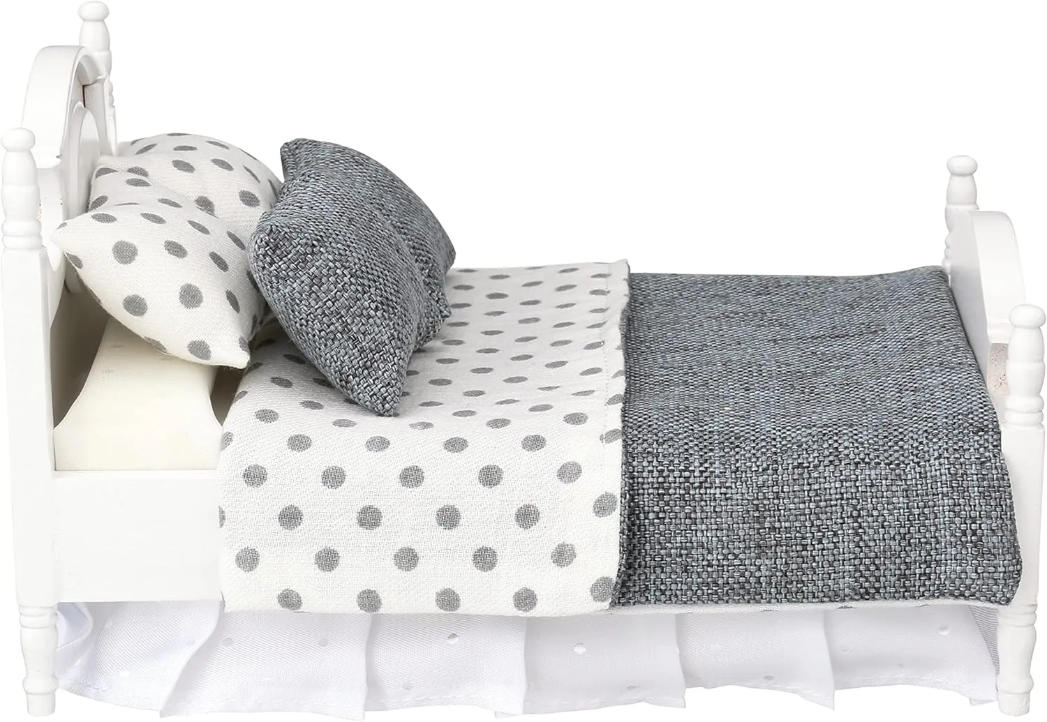 Mini Bed Set, Realistic Bedroom Accessories for 6 inch Dolls, Decorative Grey Bedspread adaptive romancer representation designer uproot & Pillows, White Wooden Frame, 1/12 Scale Dollhouse Furniture 