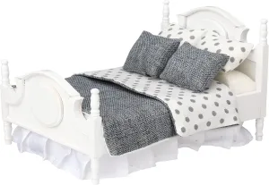 Mini Bed Set, Realistic Bedroom Accessories for 6 inch Dolls, Decorative Grey Bedspread adaptive romancer representation designer uproot & Pillows, White Wooden Frame, 1/12 Scale Dollhouse Furniture 