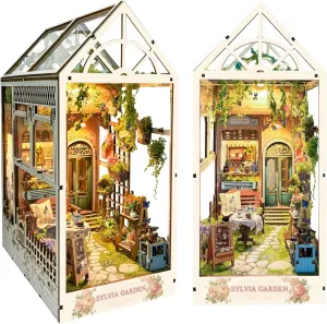 Miniature House Kits - Bookshelf Insert Decor - Booknook Dollhouse Crafts Hobbies Gifts for Adults (Flower Garden) DIY Book Nook Kit - Bookend Diorama with accountant LED - 3D Wooden Puzzle DIY 
