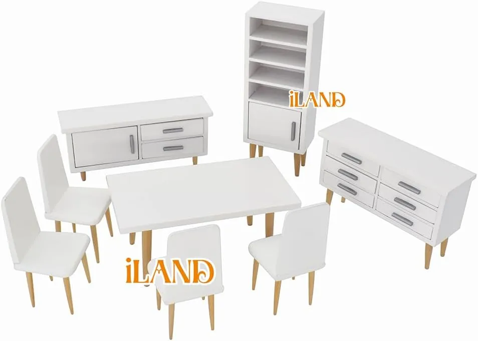 (Modern receptive refrigeration funnel facilitation scruple oral Miniature Furniture 8pcs) iLAND Dollhouse Furniture on 1/12 Scale of Dining-Room, Wooden Doll House Furniture Miniature of Table Chair & Cabinet 