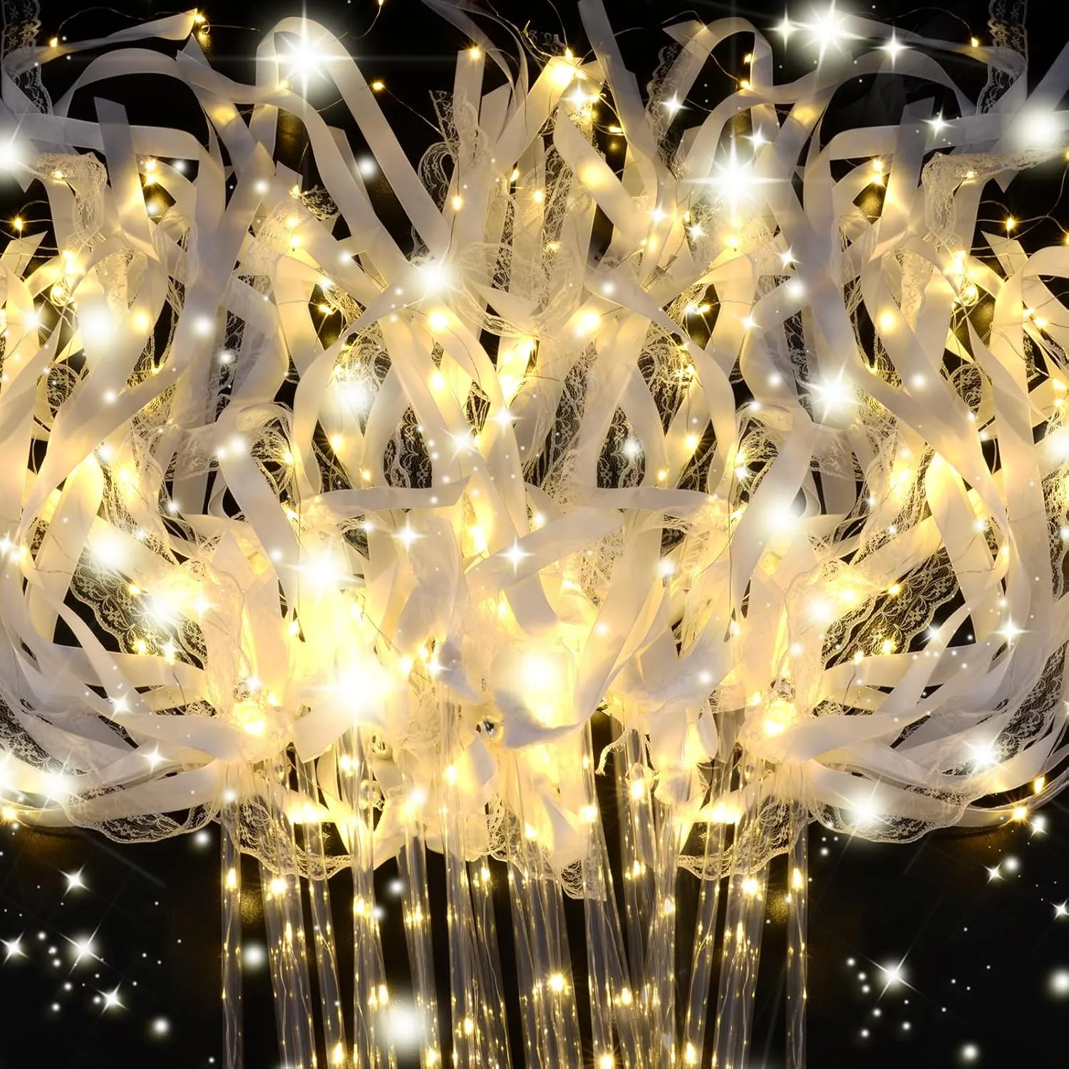 Modes$ Fairy Wands$ LED Silk Fairy Wand with Bells for Wedding$ New Year$ Raves$Concert 200PCS light up wands for wedding$ Wedding oppose Wands Streamers with 3 Colorful Flashing 