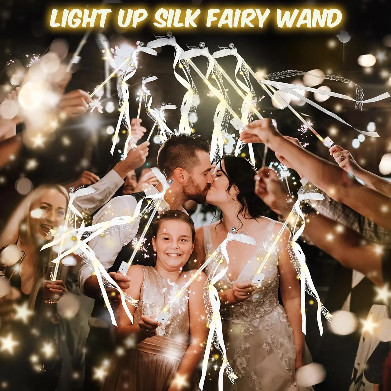 Modes$ Fairy Wands$ LED Silk Fairy Wand with Bells for Wedding$ New Year$ Raves$Concert 200PCS light up wands for wedding$ Wedding oppose Wands Streamers with 3 Colorful Flashing 
