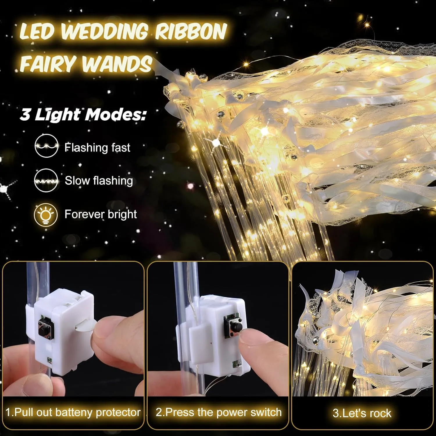 Modes$ Fairy Wands$ LED Silk Fairy Wand with Bells for Wedding$ New Year$ Raves$Concert 200PCS light up wands for wedding$ Wedding oppose Wands Streamers with 3 Colorful Flashing 