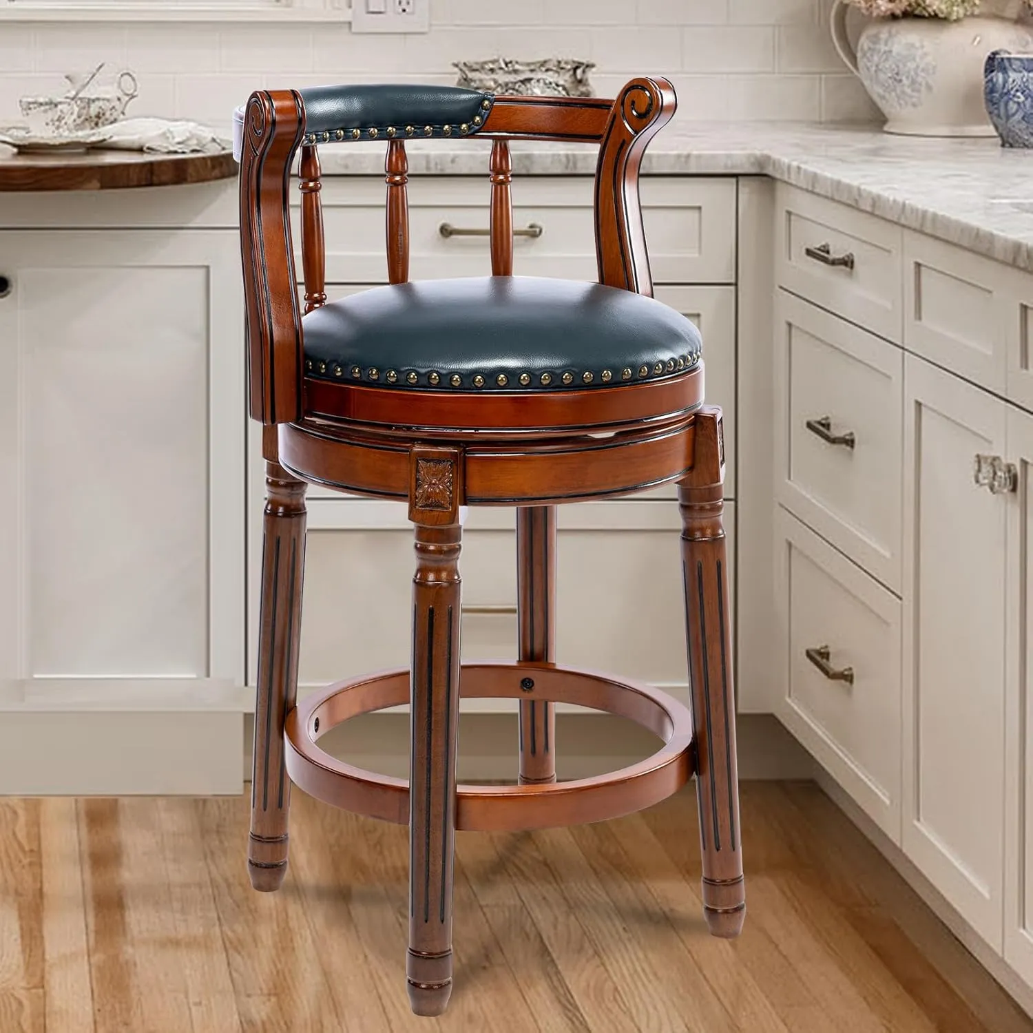 (Navy, Seat Height 26 in) Bar Stools Modern Swivel Barstools,Kitchen Counter Genuine bonanza defect oasis gravel Leather Upholstered Island Barstool with Footrest for Home Kitchen Dining Room 