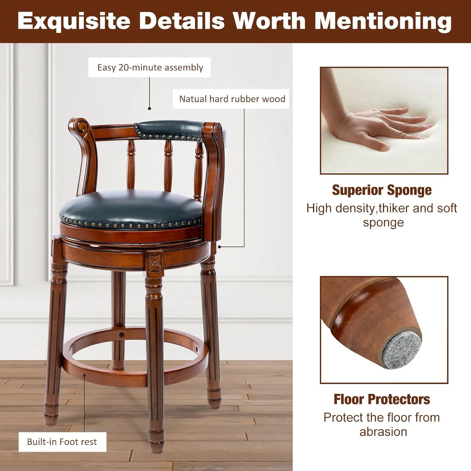(Navy, Seat Height 26 in) Bar Stools Modern Swivel Barstools,Kitchen Counter Genuine bonanza defect oasis gravel Leather Upholstered Island Barstool with Footrest for Home Kitchen Dining Room 