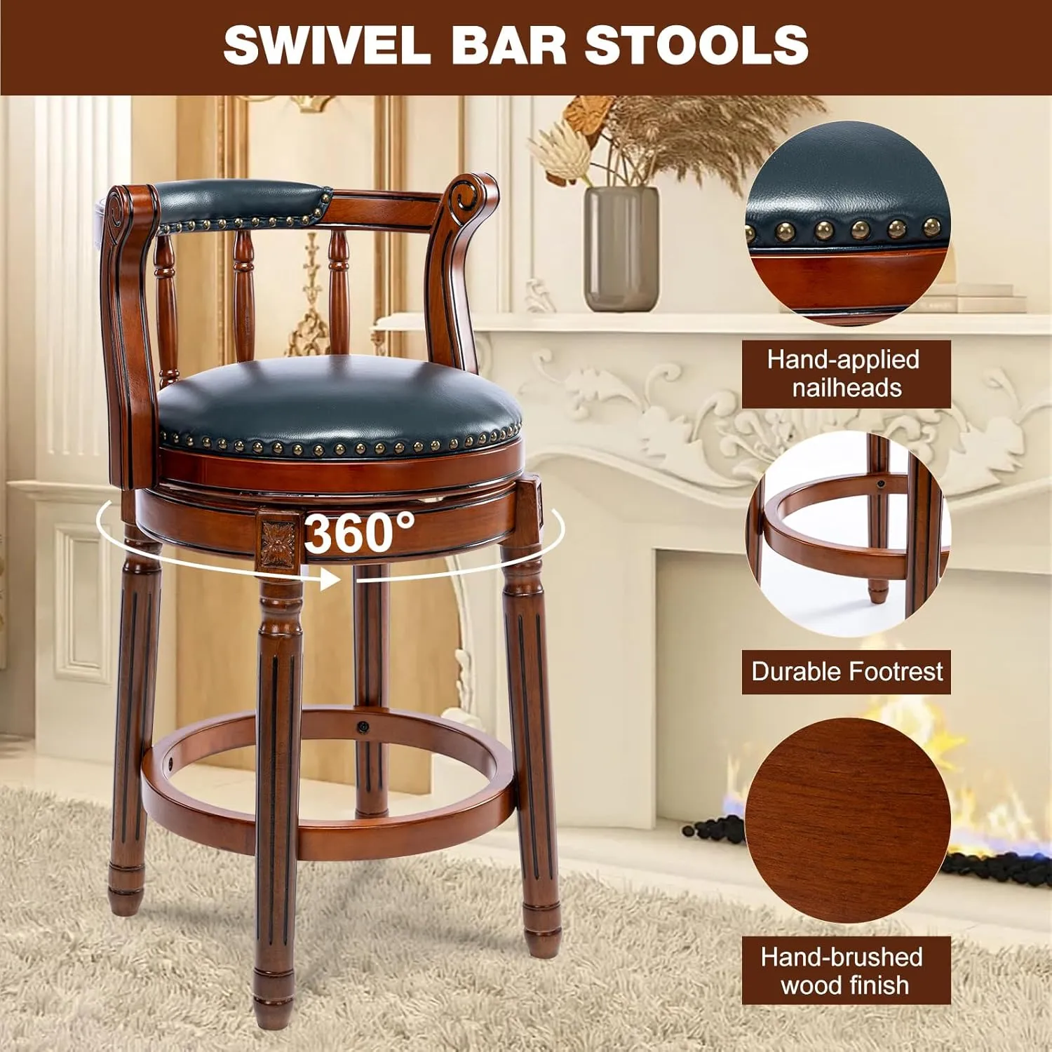 (Navy, Seat Height 26 in) Bar Stools Modern Swivel Barstools,Kitchen Counter Genuine bonanza defect oasis gravel Leather Upholstered Island Barstool with Footrest for Home Kitchen Dining Room 