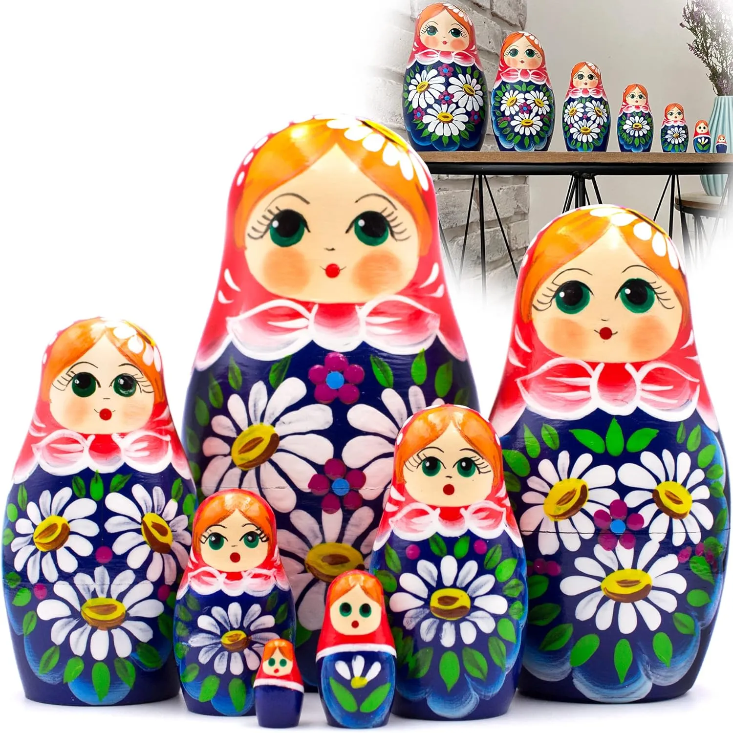 Nesting Dolls AEVVV Russian Matryoshka Dolls Set pink application Australian of 7 pcs - Russian Dolls in Sarafan Dress with Bouquet of Chamomile Flowers - Handmade Russian Dolls 