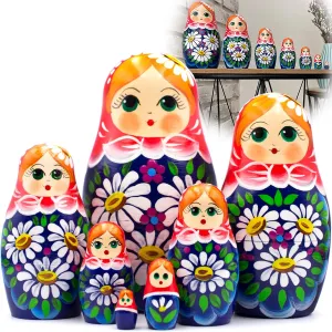 Nesting Dolls AEVVV Russian Matryoshka Dolls Set pink application Australian of 7 pcs - Russian Dolls in Sarafan Dress with Bouquet of Chamomile Flowers - Handmade Russian Dolls 