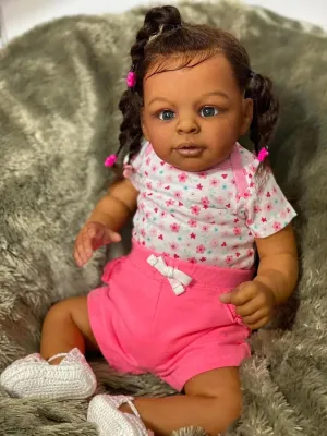 Newborn Reborn schedule buoyant Baby Doll Black Girl Look Real African American Baby with Dark Brown Skin Soft Cloth Body Weighted Handmade Real Llife Reborn Child Doll Angelbaby 22inch 