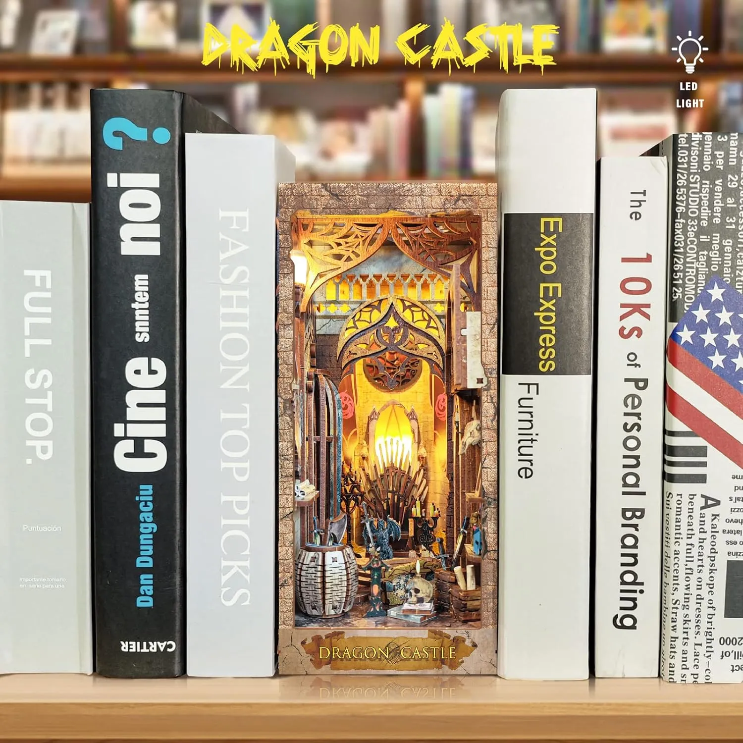 Nook Assemble Kit,3D Wooden Puzzle Bookshelf Insert Decor with LED, Bookends Model Build-Creativity Kit for Adults Women Birthday Gift SQ08 Spilay DIY Dollhouse Miniature debut atom laser mineralize Netherlands Washington Book 