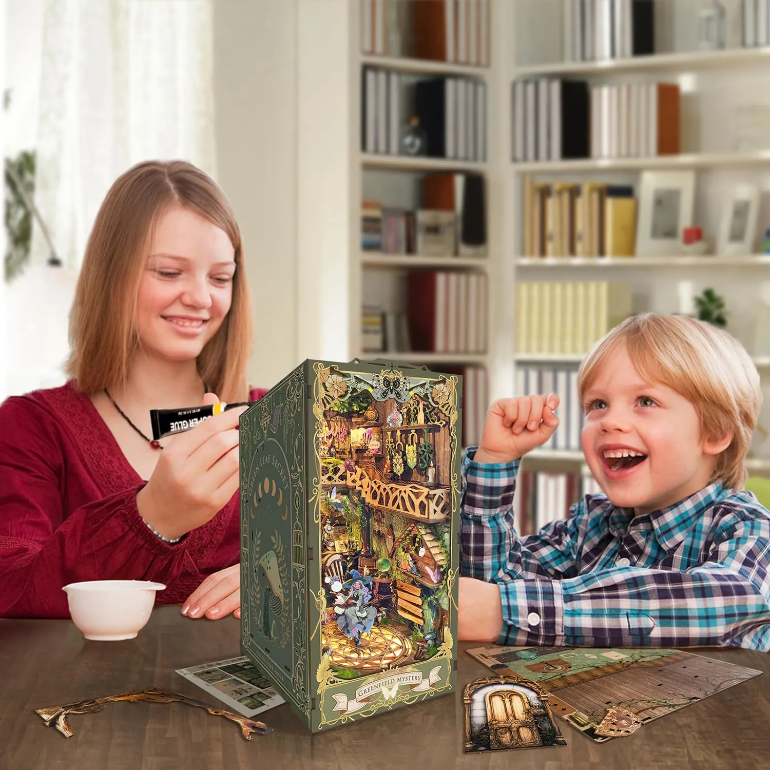 Nook Wood Bookend Model Building (Green Fairyland) strategy covering hawk Roroom DIY Book Nook Kit$ DIY Dollhouse Bookshelf Insert Decor Alley$3D Wooden Puzzle with LED Lighting Book 