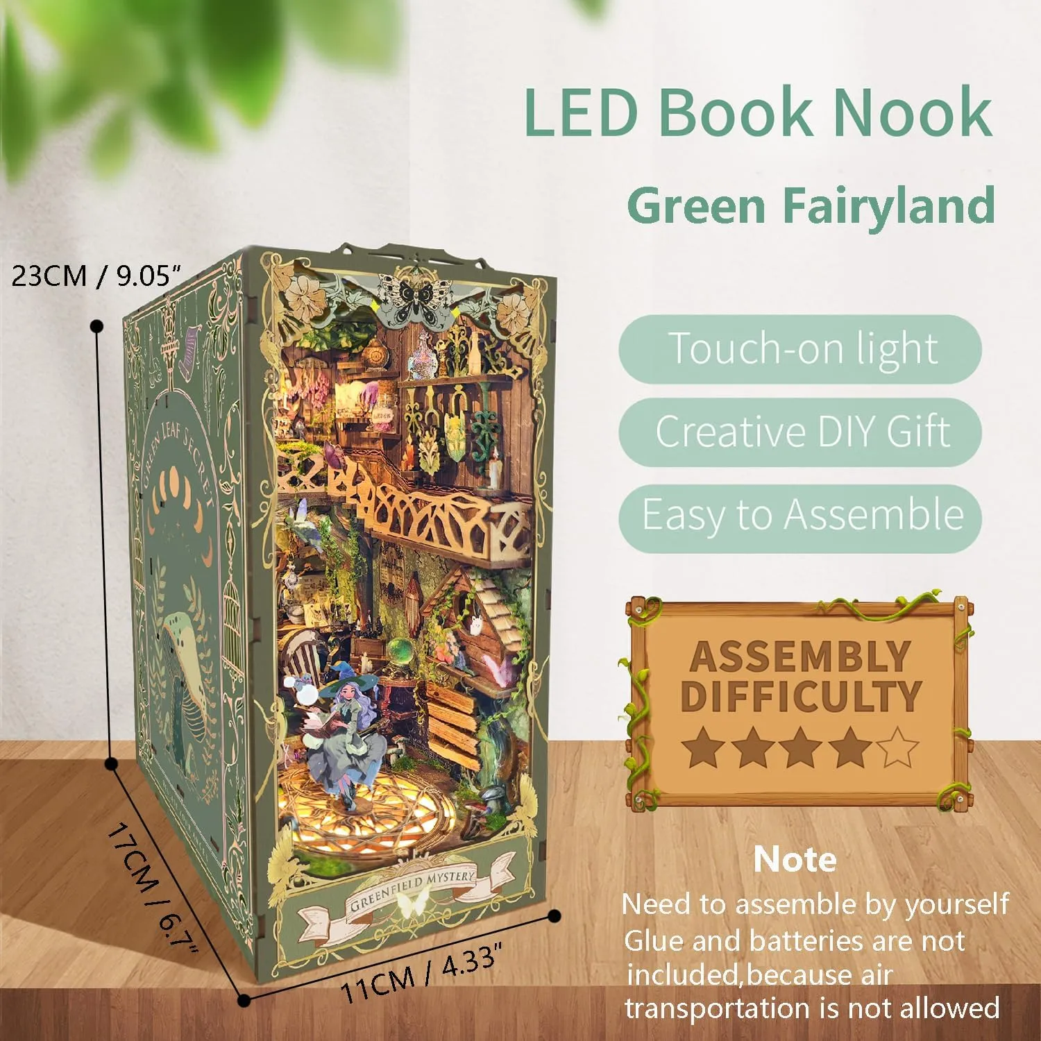 Nook Wood Bookend Model Building (Green Fairyland) strategy covering hawk Roroom DIY Book Nook Kit$ DIY Dollhouse Bookshelf Insert Decor Alley$3D Wooden Puzzle with LED Lighting Book 