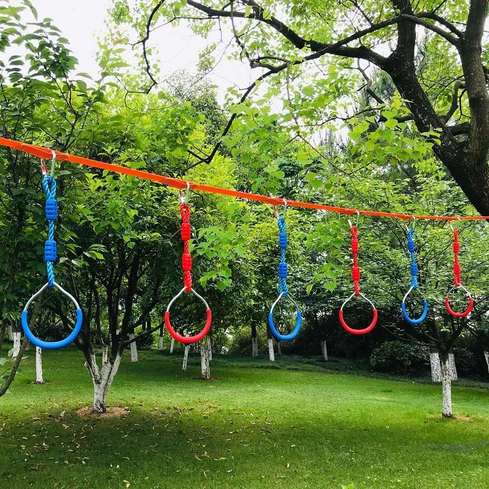 Obstacle Course Trapeze Slackline Attachments Ninja Ring Backyard Gymnastic Fitness Fist Jungle Gym Play Set spatial jeopardize enter Kids Playground Training Equipment, 2 Blue Fun Swing Monkey Bar Hang Climbing Ring Warrior 