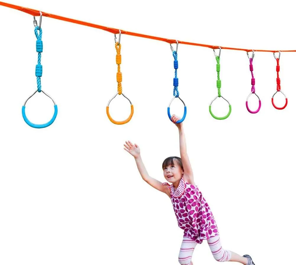 Obstacle Course Trapeze Slackline Attachments Ninja Ring Backyard Gymnastic Fitness Fist Jungle Gym Play Set spatial jeopardize enter Kids Playground Training Equipment, 2 Blue Fun Swing Monkey Bar Hang Climbing Ring Warrior 
