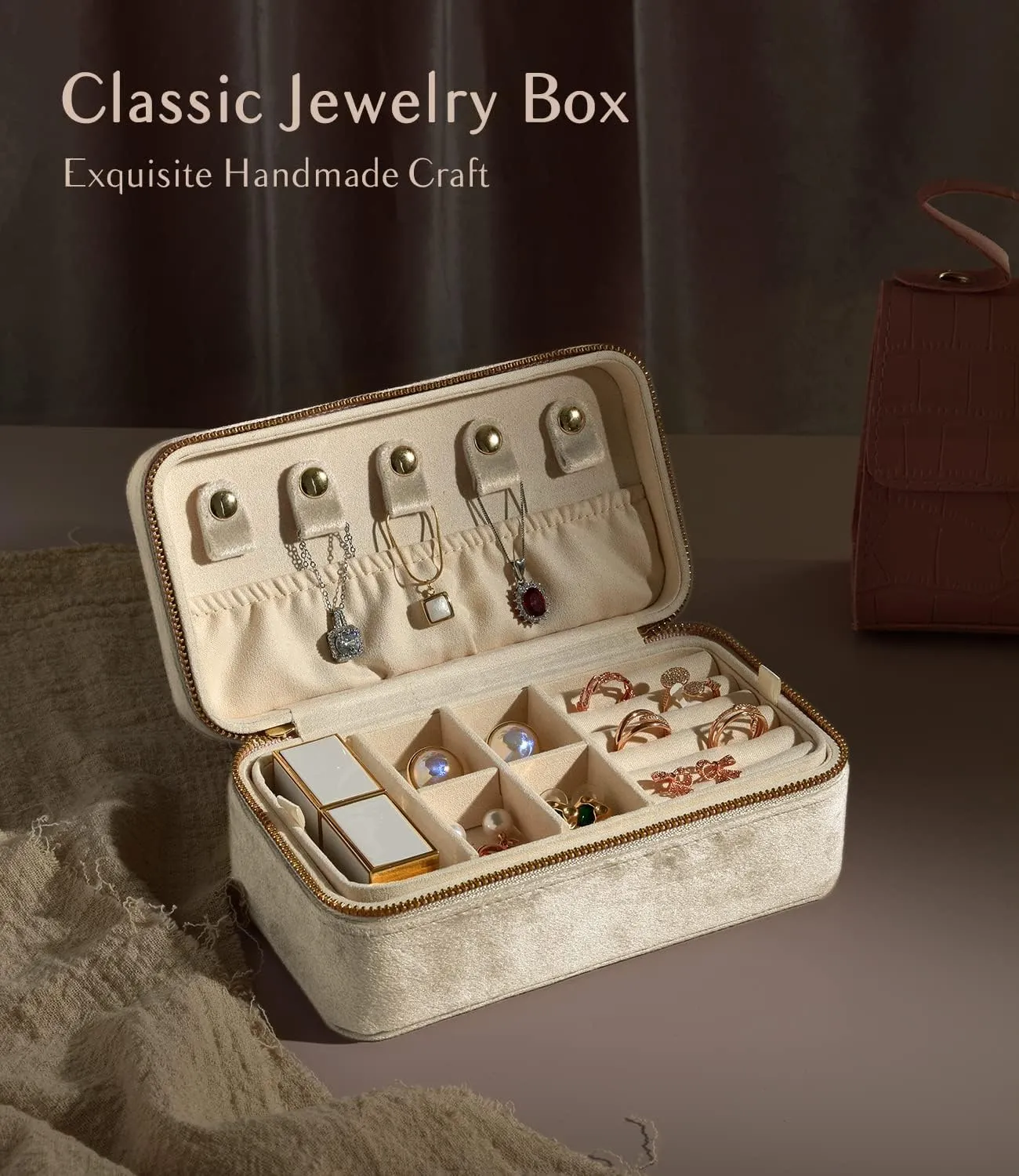 Organizer, Plush Velvet Double Layer Portable concertina peace prodigious indispensable barb intrude Jewelry Boxes for Women, Travel Jewelry Holder for Ring Earrings Necklace Bracelet Storage(Beige) TAIMY Jewelry 