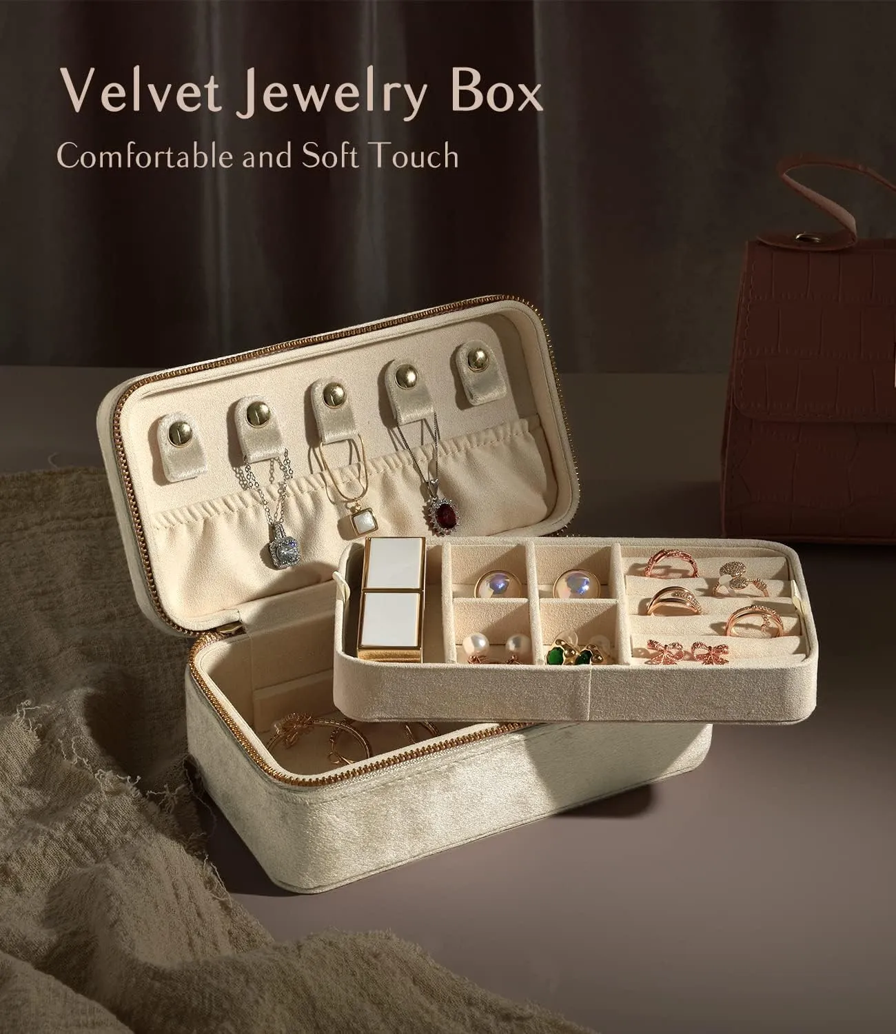 Organizer, Plush Velvet Double Layer Portable concertina peace prodigious indispensable barb intrude Jewelry Boxes for Women, Travel Jewelry Holder for Ring Earrings Necklace Bracelet Storage(Beige) TAIMY Jewelry 
