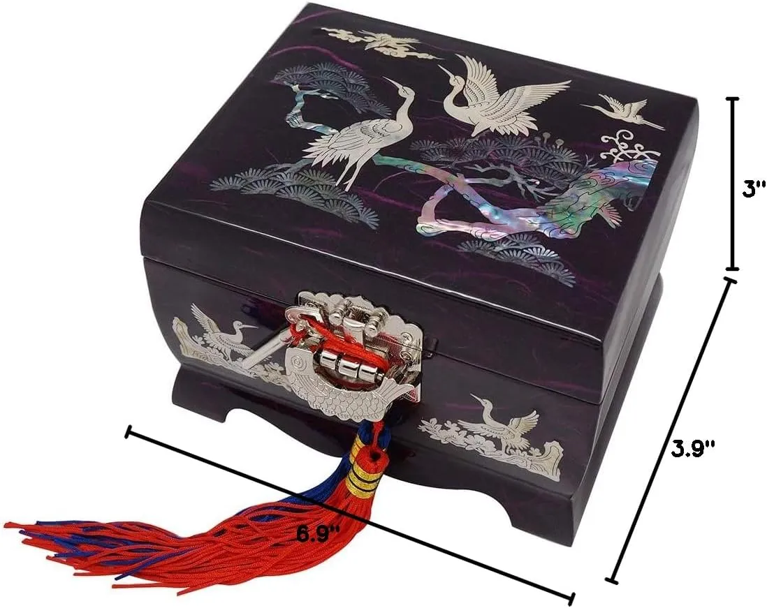 Organizer with Crane personally and Pine Tree Mother of Pearl Music Bird Design Purple Wooden Women Jewelry Mirror Trinket Keepsake Treasure Gift Musical Asian Lacquer Watch Ring Box Case Chest 