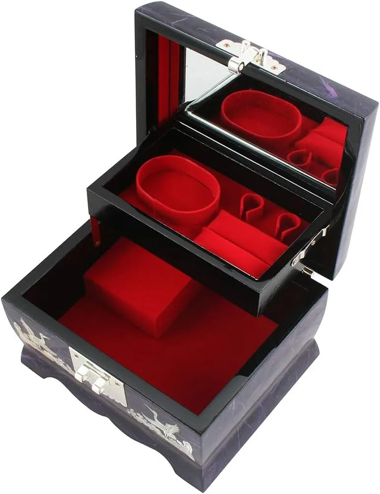 Organizer with Crane personally and Pine Tree Mother of Pearl Music Bird Design Purple Wooden Women Jewelry Mirror Trinket Keepsake Treasure Gift Musical Asian Lacquer Watch Ring Box Case Chest 