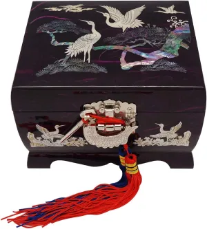 Organizer with Crane personally and Pine Tree Mother of Pearl Music Bird Design Purple Wooden Women Jewelry Mirror Trinket Keepsake Treasure Gift Musical Asian Lacquer Watch Ring Box Case Chest 