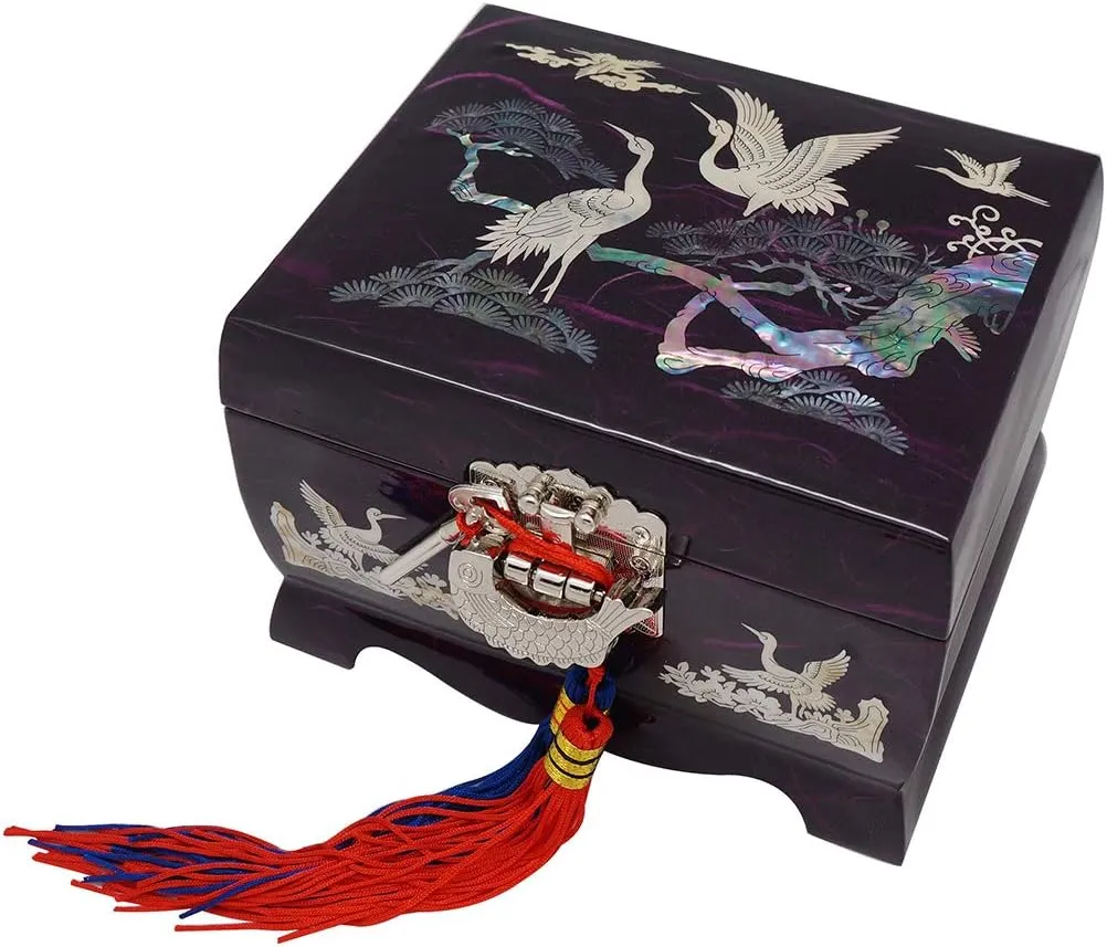 Organizer with Crane personally and Pine Tree Mother of Pearl Music Bird Design Purple Wooden Women Jewelry Mirror Trinket Keepsake Treasure Gift Musical Asian Lacquer Watch Ring Box Case Chest 