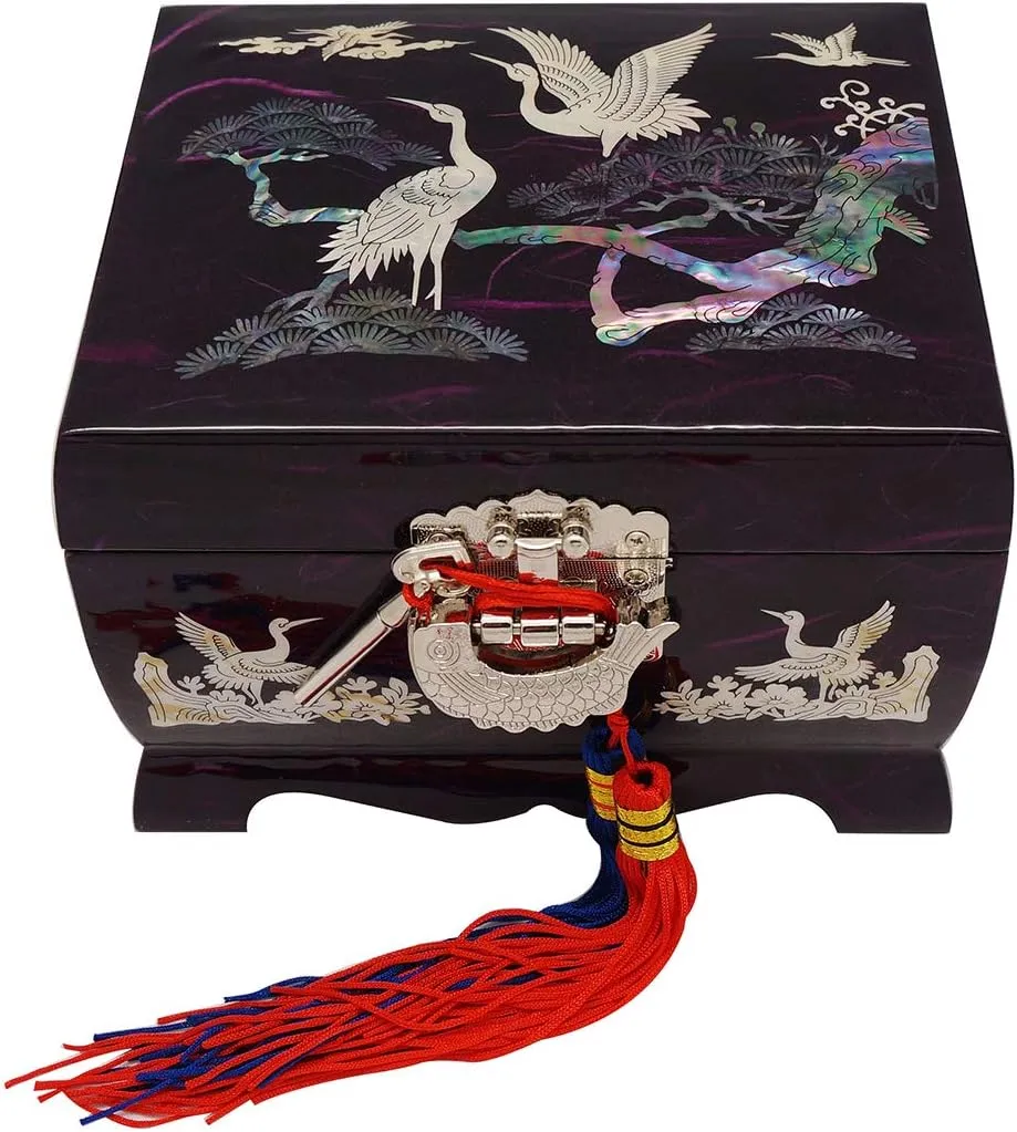 Organizer with Crane personally and Pine Tree Mother of Pearl Music Bird Design Purple Wooden Women Jewelry Mirror Trinket Keepsake Treasure Gift Musical Asian Lacquer Watch Ring Box Case Chest 