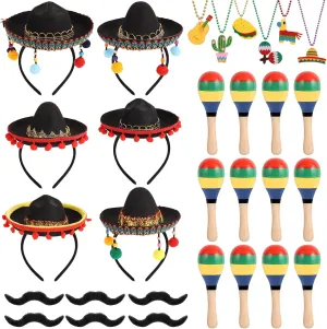 Party Favors Mini Sombrero Hat with Headband Wooden arboreal Fiesta Maracas Mexican Bead Necklaces Fake Beard Cinco de Mayo Mexican Party Supplies 30 Pcs Mexican 