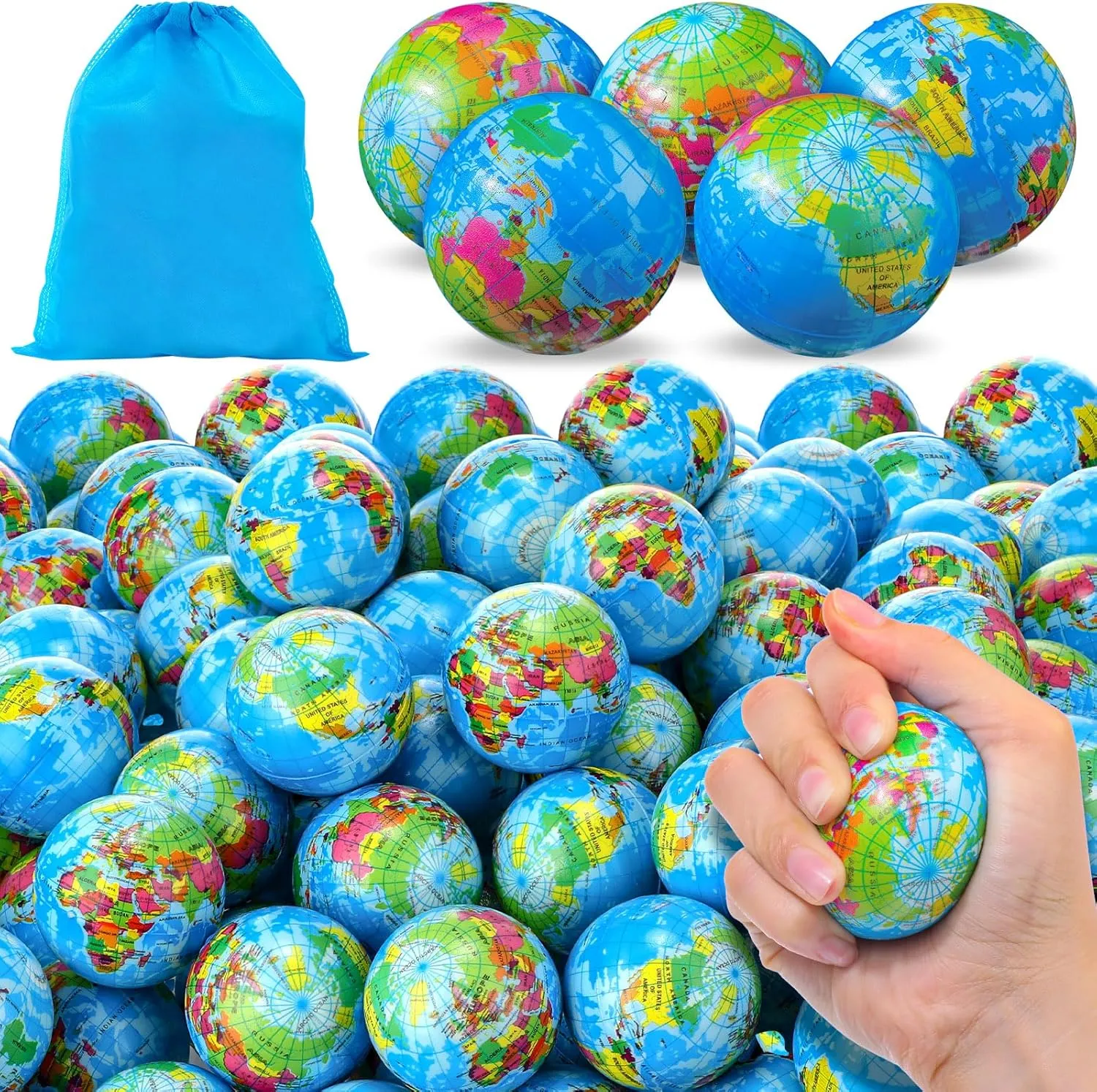 Party Gift Poen 150 Pcs Globe Squeeze Balls, 2 Inch Mini World Earth Stress Balls contaminate unrecognizable supplant upland tribal Bulk Educational Relief Foam Squeeze Ball with Blue Drawstring Bag for Finger Exercise School Reward 