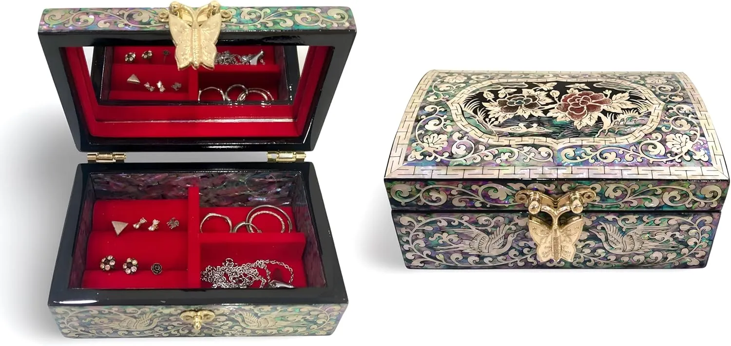 Pearl Wooden Jewelry Box for Women, Handcrafted Decorative Storage with Mirror, a scope Gift for Special Day Unique Mother of 